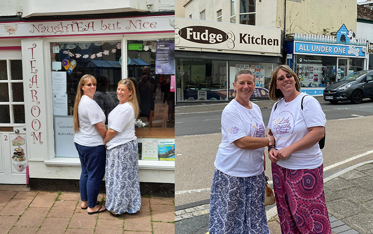 Picture of two ladies, Caz and Sam before the haircut and after. On the left with a shaved head and on the right with a short bob.