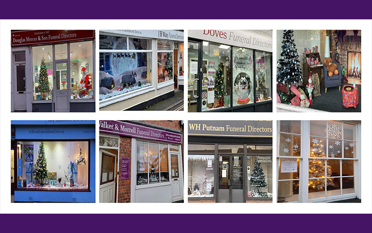 Various Funeral Partners window displays showing various Christmas decorations.